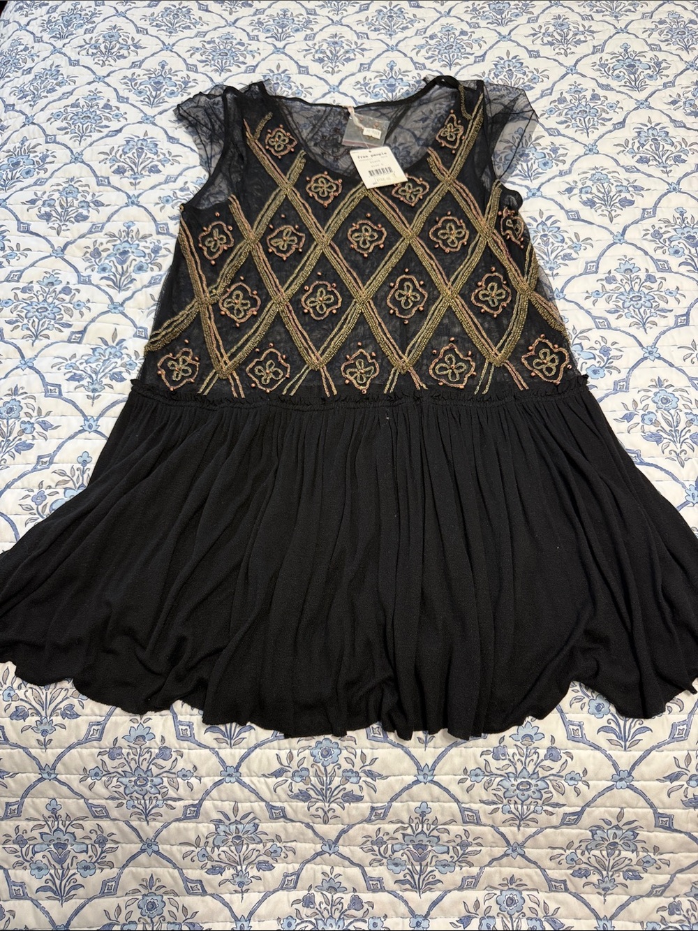 Embroidered Free People Black Mesh Peplum Top
